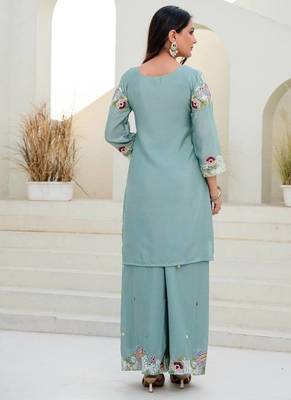 Elegant mint green embroidered kurta palazzo set with dupatta 4
