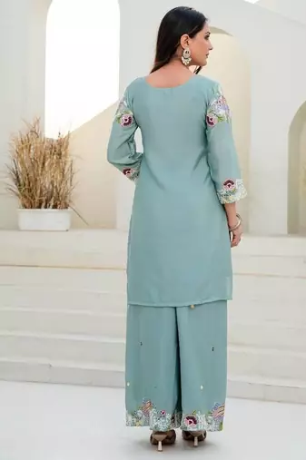Elegant mint green embroidered kurta palazzo set with dupatta