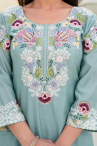 Elegant mint green embroidered kurta palazzo set with dupatta