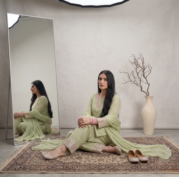 Pista green rayon cotton silk embroidered farshi suit set 3