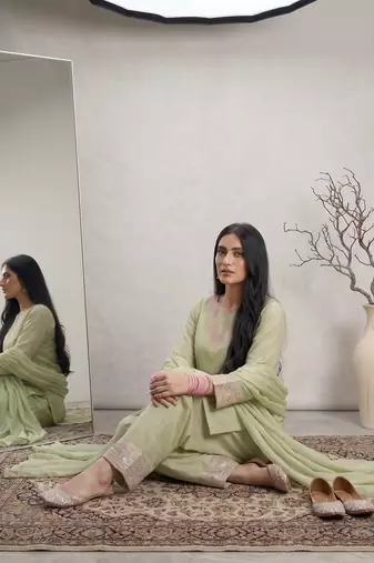 Pista green rayon cotton silk embroidered farshi suit set