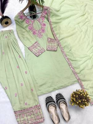 Pista green rayon cotton silk embroidered farshi suit set 4