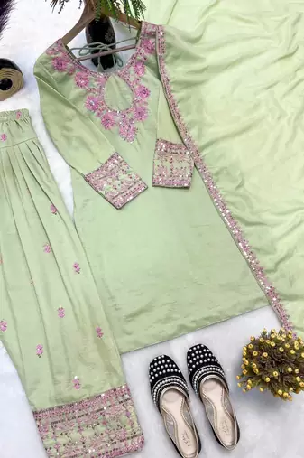 Pista green rayon cotton silk embroidered farshi suit set