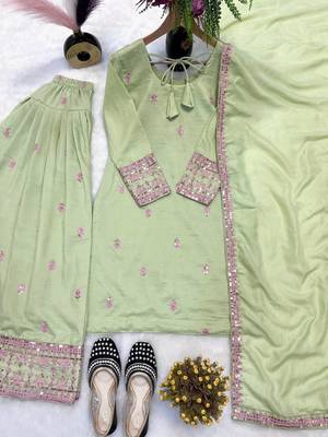 Pista green rayon cotton silk embroidered farshi suit set 5