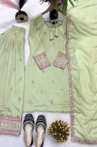 Pista green rayon cotton silk embroidered farshi suit set