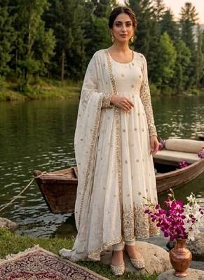 White vichitra silk  party wear embroidery salwar  suit set 1