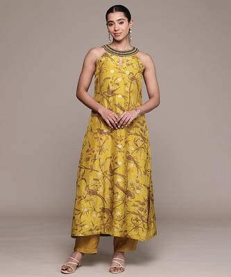 Mustard printed viscose kurta set 1