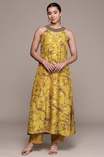 Mustard printed viscose kurta set