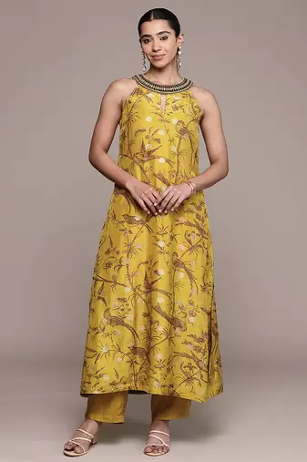 Mustard printed viscose kurta set