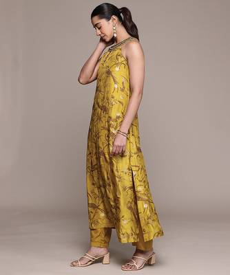 Mustard printed viscose kurta set 2