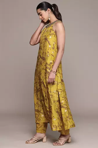 Mustard printed viscose kurta set