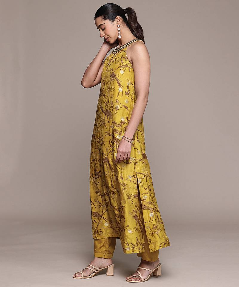 Mustard printed viscose kurta set