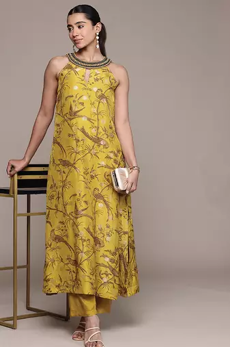 Mustard printed viscose kurta set