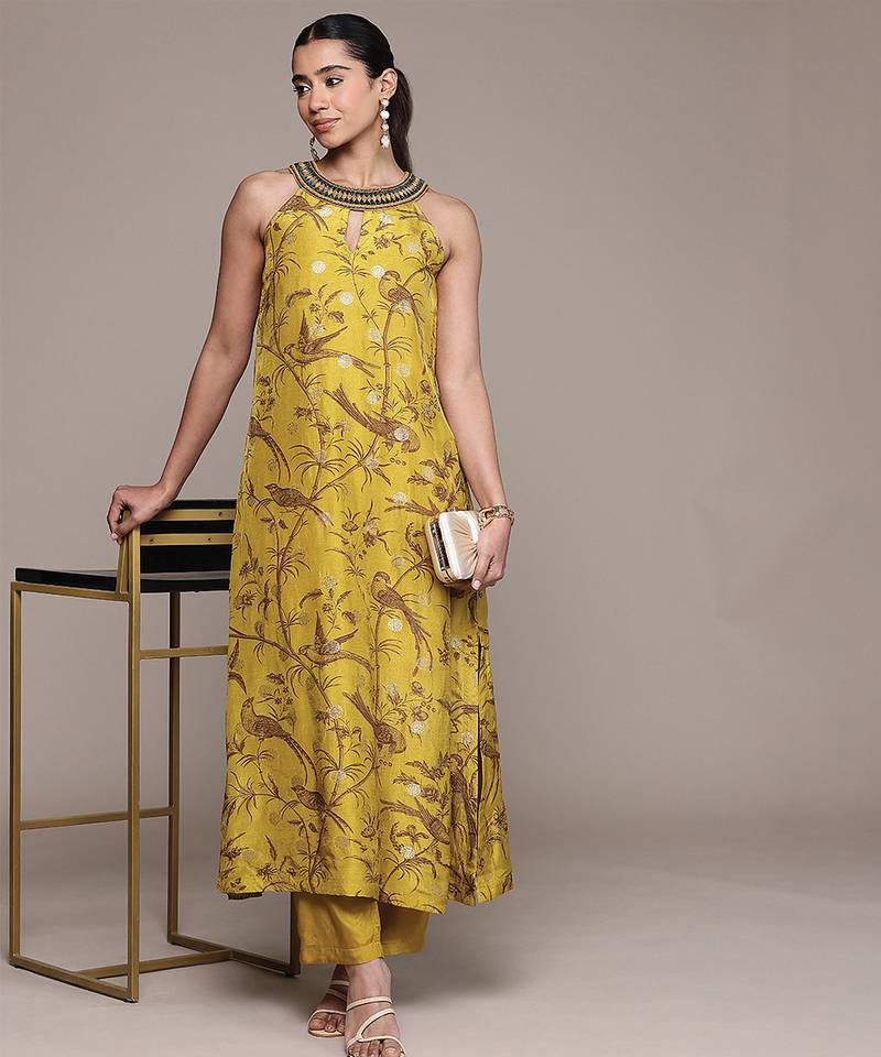 Mustard printed viscose kurta set