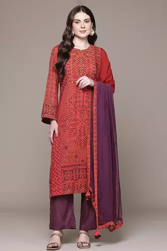 Red printed cotton blend kurta set