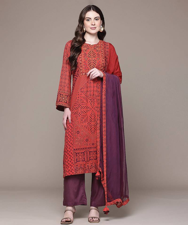 Red printed cotton blend kurta set