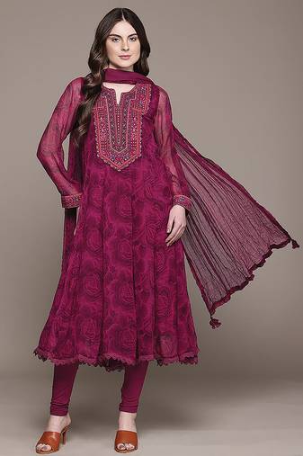 Fuchsia printed viscose kurta set