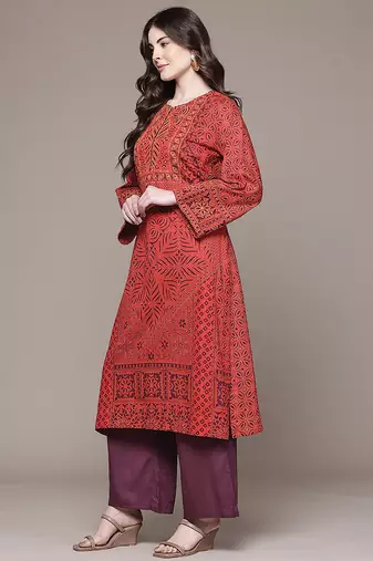 Red printed cotton blend kurta set