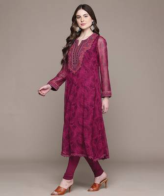Fuchsia printed viscose kurta set 2