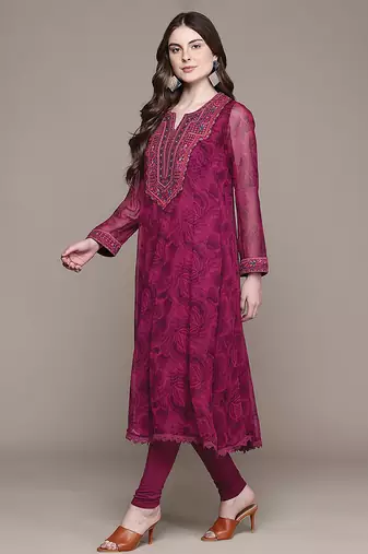 Fuchsia printed viscose kurta set