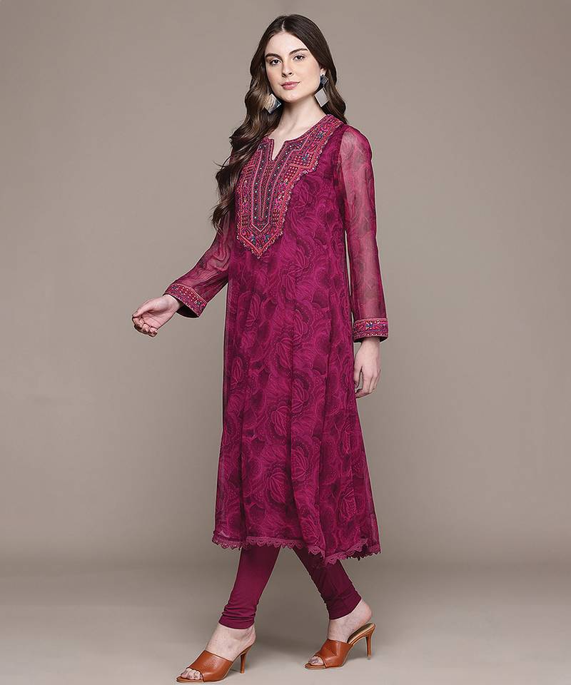 Fuchsia printed viscose kurta set