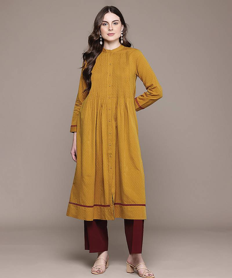 Yellow woven cotton blend kurta