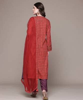 Red printed cotton blend kurta set 3
