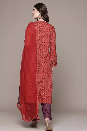 Red printed cotton blend kurta set