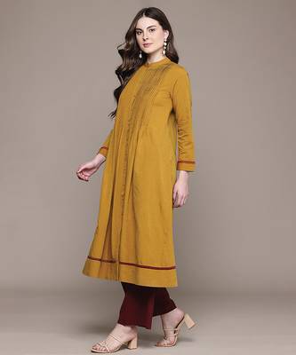 Yellow woven cotton blend kurta 2