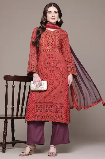 Red printed cotton blend kurta set