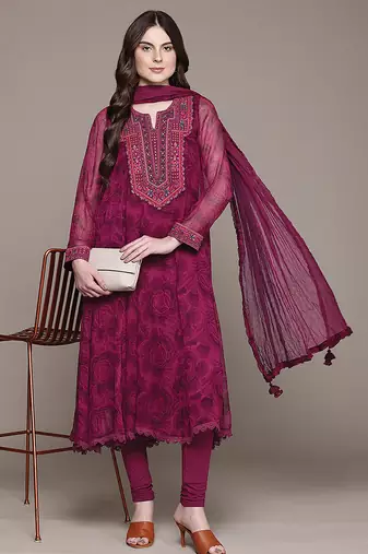 Fuchsia printed viscose kurta set