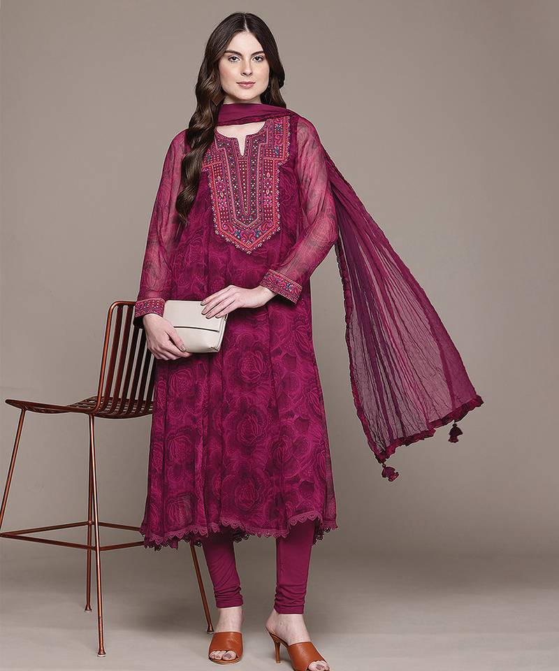 Fuchsia printed viscose kurta set