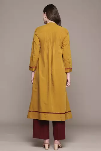 Yellow woven cotton blend kurta