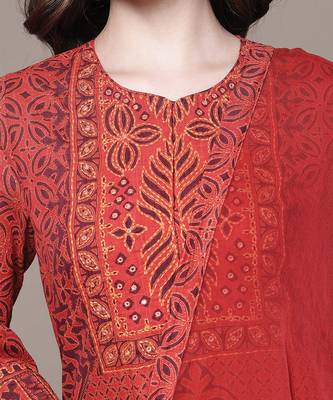 Red printed cotton blend kurta set 5