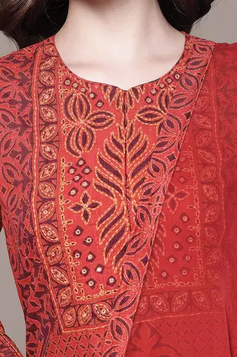 Red printed cotton blend kurta set