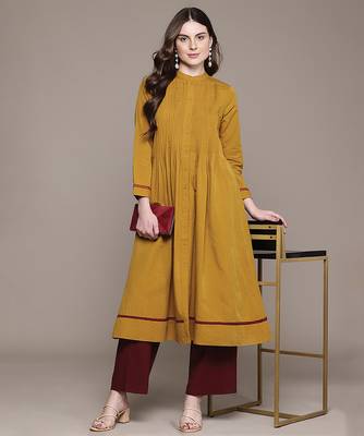 Yellow woven cotton blend kurta 4