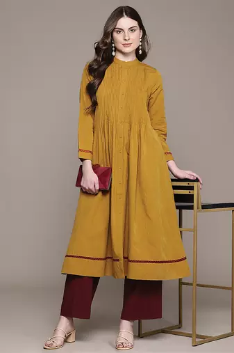 Yellow woven cotton blend kurta