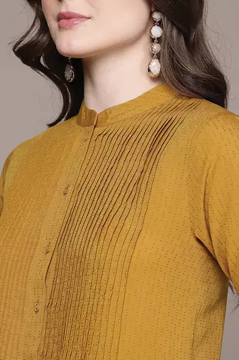 Yellow woven cotton blend kurta