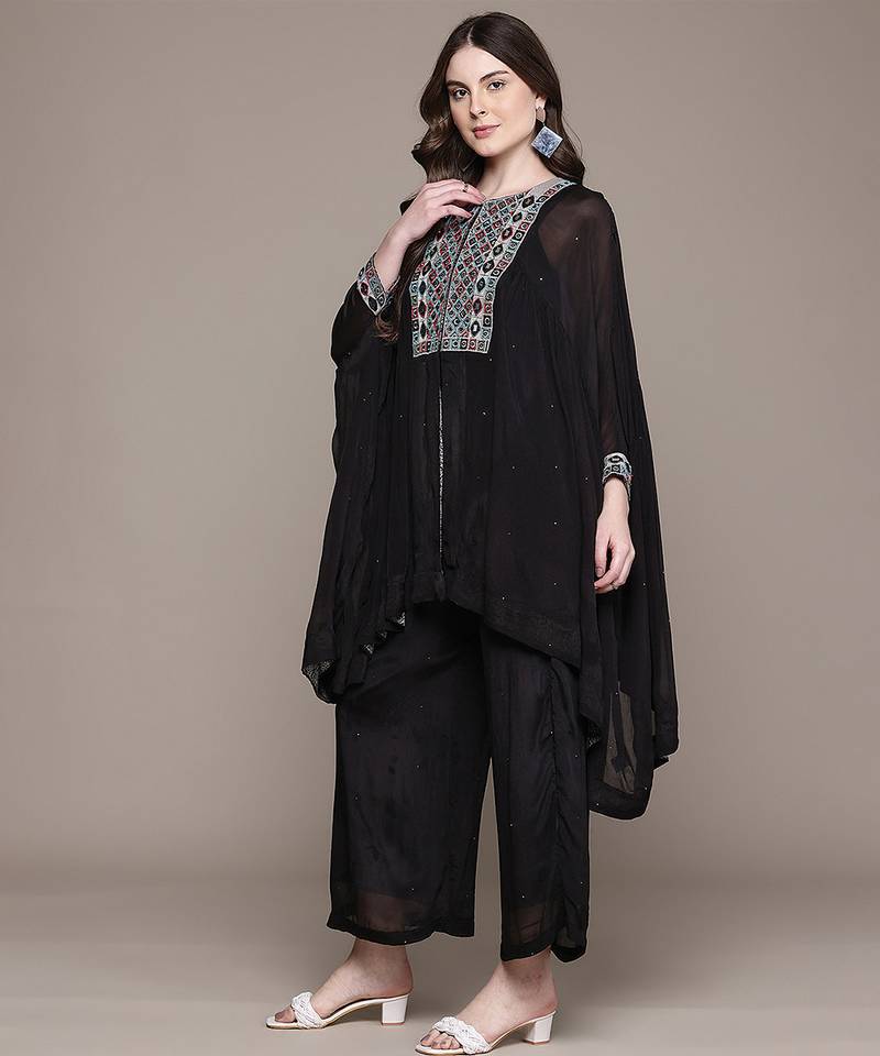 Black embroidered viscose kurta set