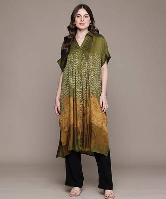 Green printed viscose long kurti 1