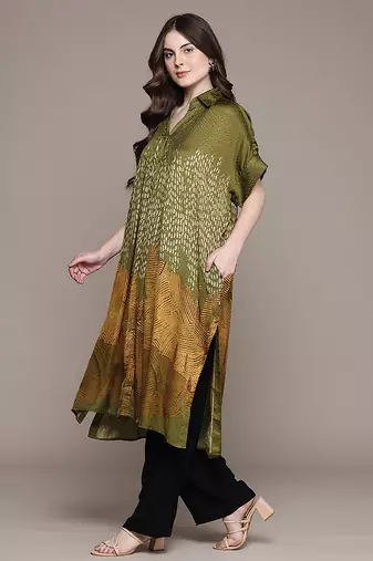 Green printed viscose long kurti