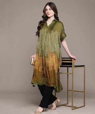 Green printed viscose long kurti 4