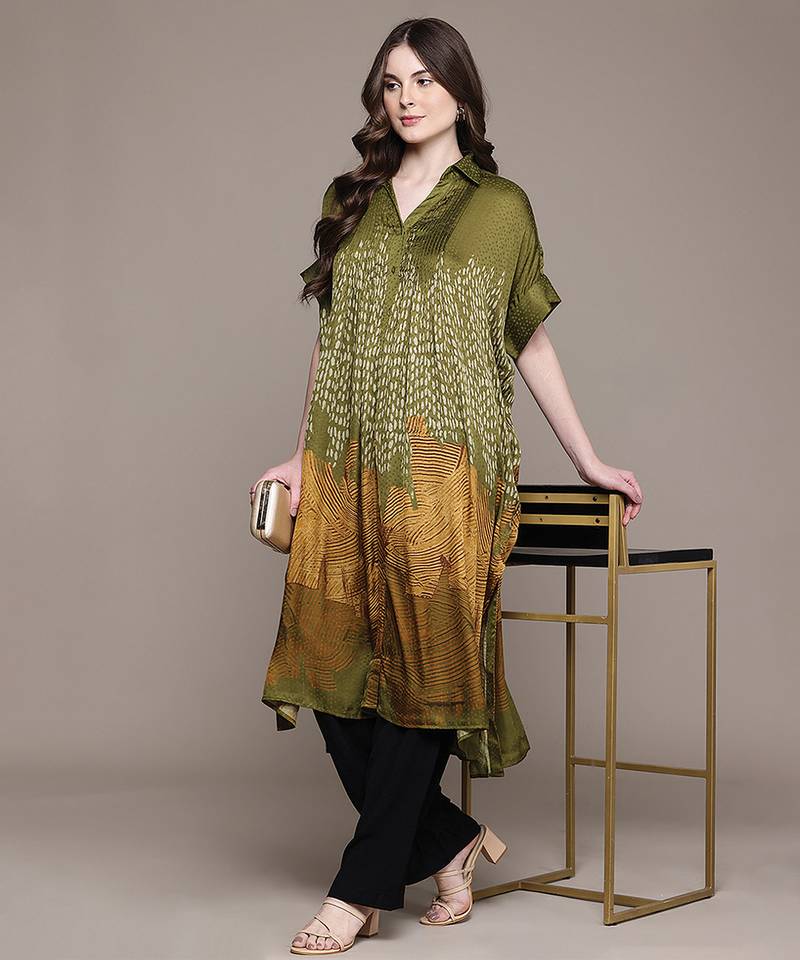 Green printed viscose long kurti