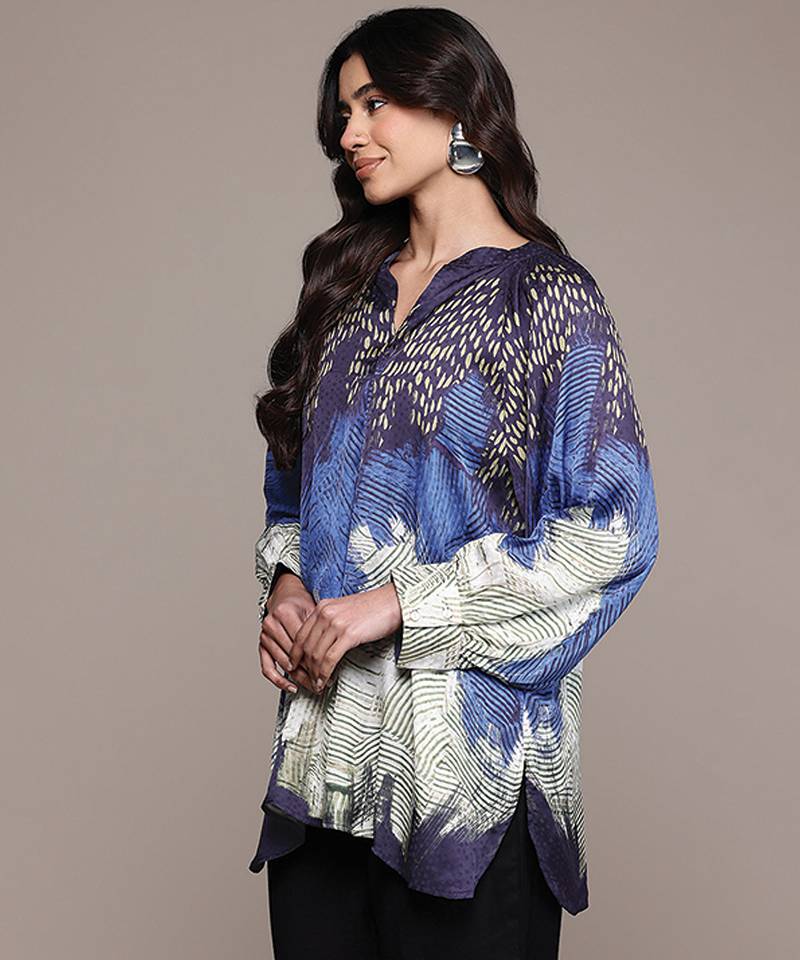Blue printed viscose top