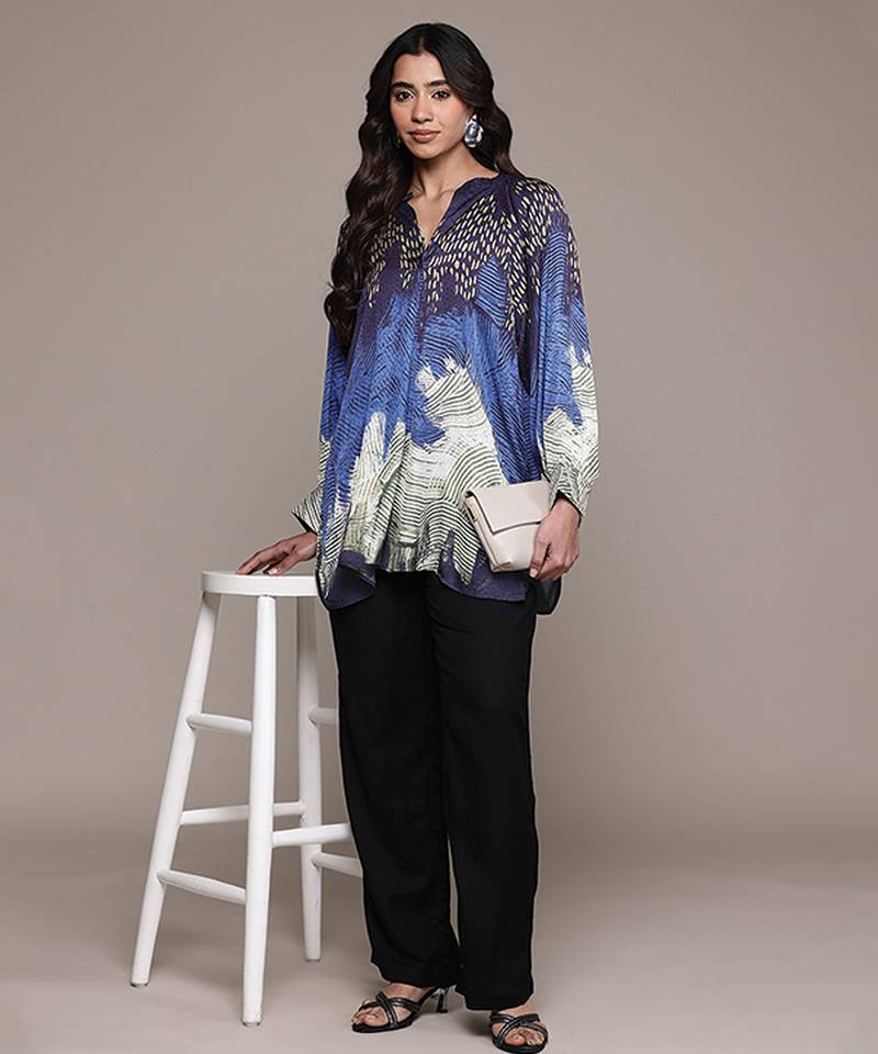 Blue printed viscose top