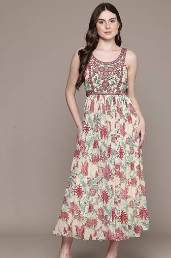 Cream printed chinon dress