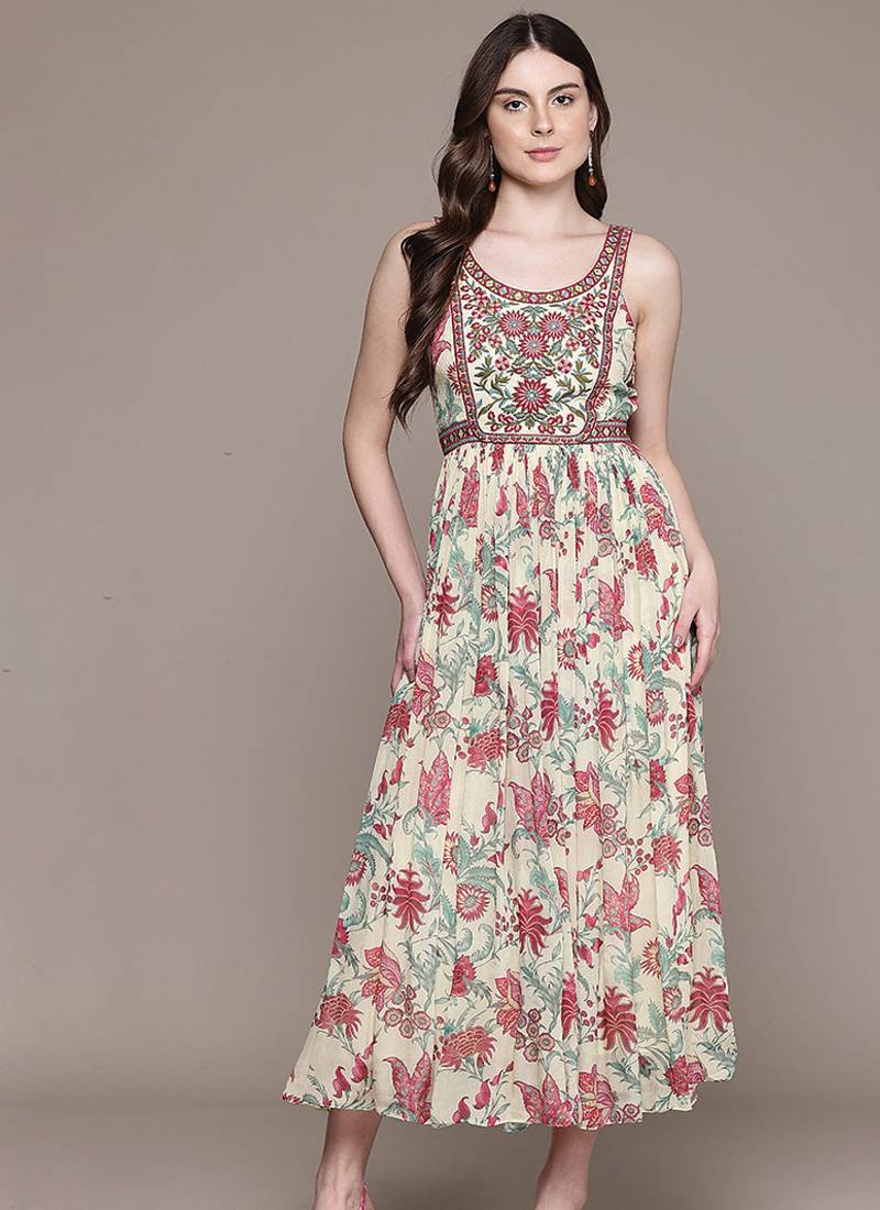 Cream printed chinon dress