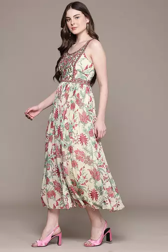 Cream printed chinon dress
