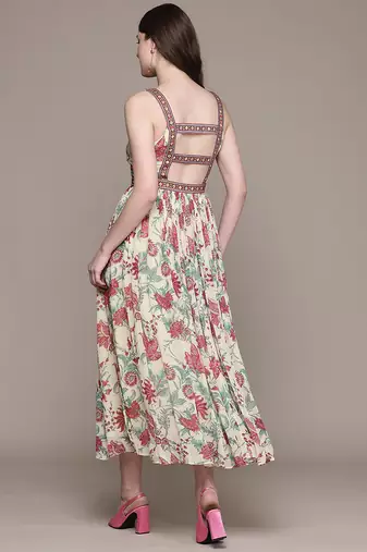 Cream printed chinon dress