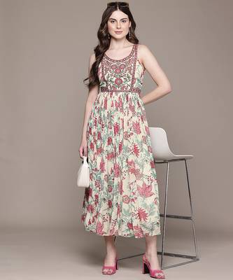 Cream printed chinon dress 4